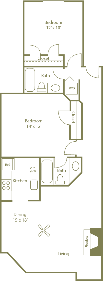 Floor plan for 2 beds, 2 baths, 947 sqft